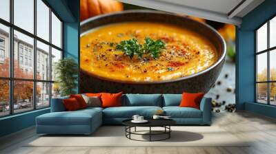 Pumpking soup ready to be served Wall mural