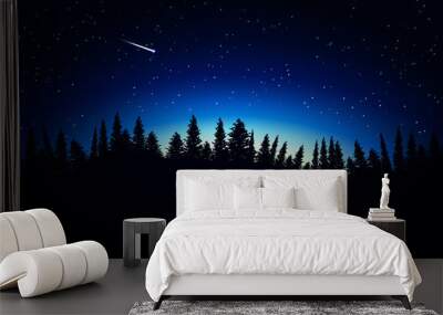 Night landscape with dark silhouettes of forest, sky with stars and falling star or comet Wall mural