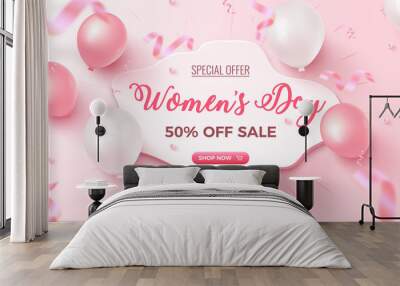 Women's Day Special Offer. 50% Off Sale banner design with white frame, pink and white air balloons on rosy background Wall mural