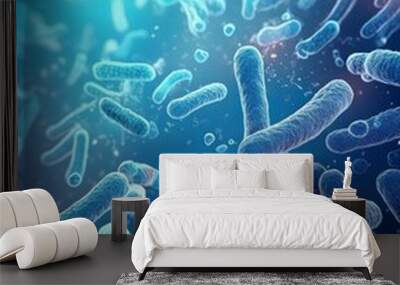 Blue Bacteria - Microscopic Enlargement of Blue Cells and Colony of Bacteria - Probiotics or Medicine Treatment - Health Care Medication or Ananotomy of Organisms in Biology or Science Wall mural