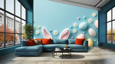 Easter Day - Cute Easter Bunny with Colorful Easter Eggs - Background with Space for Copy Wall mural