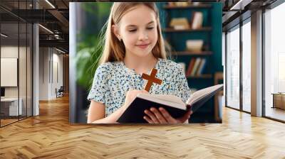 Girl holding the Bible - Reading the Holy Book of Christianity - Holding out of Faith and Believe in God - Christian Young Girl in Bible Studies Wall mural