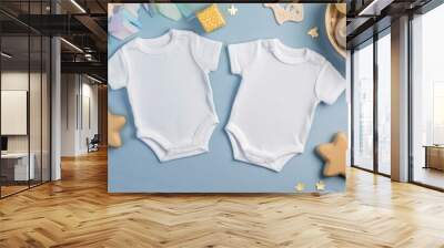 White Onesie, Romper or Bodysuit for Babies - Baby Twin Celebration Announcement or Product Placement - Mockup for Naming Wall mural