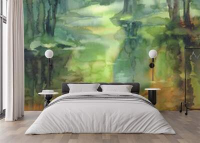 forest and river landscape watercolor background Wall mural