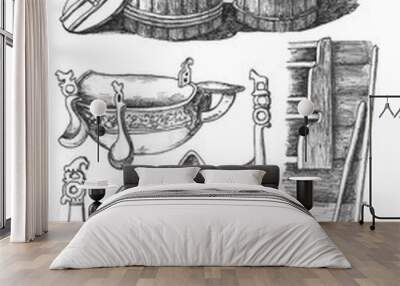 Household items of ancient Russia, ink drawing Wall mural