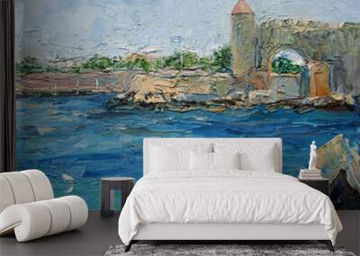 Rhodes fortress near the sea, summer, Greece, oil painting Wall mural