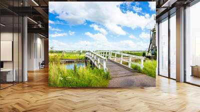 Unesco Weltkulturerbe Windmühle Panorama Landschaft in Dorf Kinderdijk Niederlande Holland. Natur Windkraft Architektur Fluss Mühle. landscape in Netherlands, Europe. Windmills village tourist nature  Wall mural