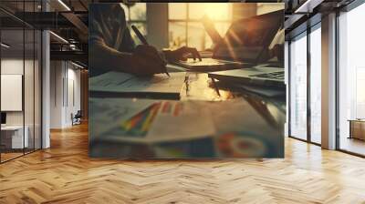 A close-up of a male's hand writing on a document while others work on laptops, illuminated by warm sunset light, creating a collaborative and productive atmosphere. Wall mural