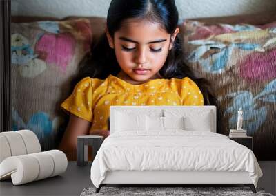 A young Hispanic girl focused on her smartphone while sitting on a patterned couch, wearing a cheerful yellow dress with white polka dots, showcasing curiosity and engagement. Wall mural