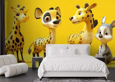 3D Animals. Cartoon. On a yellow background. Wall mural