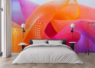 A close-up of colorful, textured fabric, showcasing a vibrant blend of orange, pink, and purple hues. Wall mural