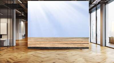 background with reflection on the wall with empty wooden table. For display mounting Wall mural