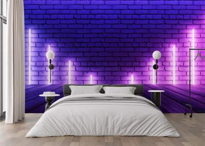 Brick wall with neon style bright light. Cyberpunk vapor synth retro wave background concept. Wall mural