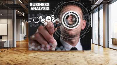 Business, technology, internet and network concept. Young businessman thinks over the steps for successful growth: Business analysis Wall mural