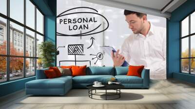 Business, technology, internet and network concept. Young businessman thinks over the steps for successful growth: Personal loan Wall mural