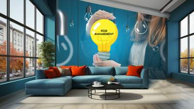 Business, technology, internet and network concept. Young businessman thinks over the steps for successful growth: Risk management Wall mural