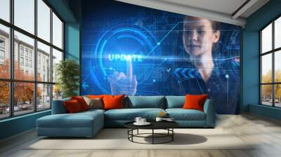 Business, technology, internet and network concept. Young businessman thinks over the steps for successful growth: Update Wall mural