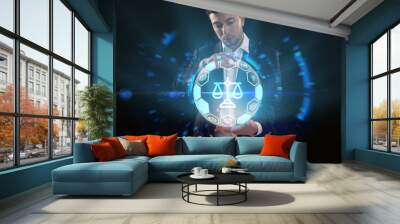 Business, Technology, Internet and network concept. Young businessman working on a virtual screen of the future and sees the inscription: Wall mural