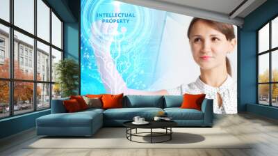 Business, Technology, Internet and network concept. Young businessman working on a virtual screen of the future and sees the inscription: Wall mural