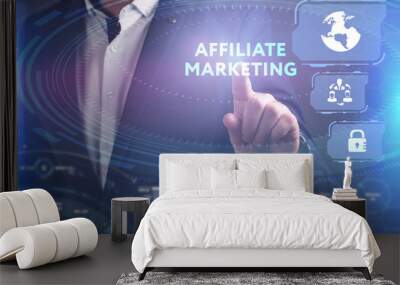 Business, Technology, Internet and network concept. Young businessman working on a virtual screen of the future and sees the inscription: Affiliate marketing Wall mural