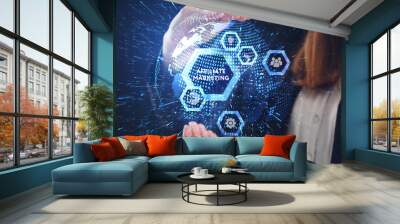 Business, Technology, Internet and network concept. Young businessman working on a virtual screen of the future and sees the inscription: Affiliate marketing Wall mural