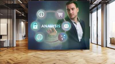 Business, Technology, Internet and network concept. Young businessman working on a virtual screen of the future and sees the inscription: Analysis Wall mural