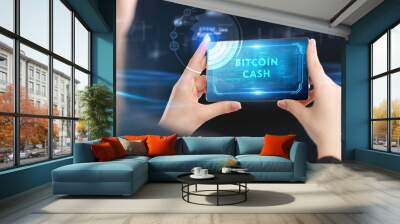 Business, Technology, Internet and network concept. Young businessman working on a virtual screen of the future and sees the inscription: Bitcoin cash Wall mural