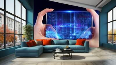 Business, Technology, Internet and network concept. Young businessman working on a virtual screen of the future and sees the inscription: Contact us Wall mural