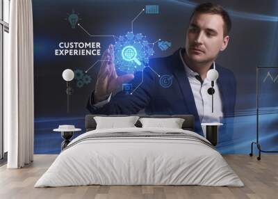 Business, Technology, Internet and network concept. Young businessman working on a virtual screen of the future and sees the inscription: Customer experience Wall mural