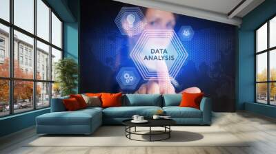 Business, Technology, Internet and network concept. Young businessman working on a virtual screen of the future and sees the inscription: Data analysis Wall mural