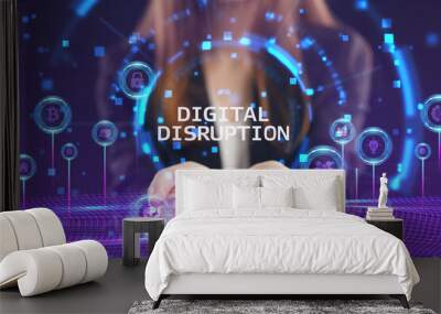 Business, Technology, Internet and network concept. Young businessman working on a virtual screen of the future and sees the inscription: Digital disruption Wall mural