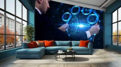 Business, Technology, Internet and network concept. Young businessman working on a virtual screen of the future and sees the inscription: Distribution Wall mural