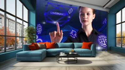 Business, Technology, Internet and network concept. Young businessman working on a virtual screen of the future and sees the inscription: Governance Wall mural