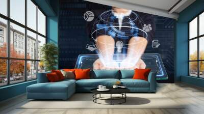 Business, Technology, Internet and network concept. Young businessman working on a virtual screen of the future and sees the inscription: HR Wall mural