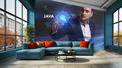 Business, Technology, Internet and network concept. Young businessman working on a virtual screen of the future and sees the inscription: Java Wall mural