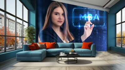 Business, Technology, Internet and network concept. Young businessman working on a virtual screen of the future and sees the inscription: MBA Wall mural