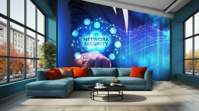 Business, Technology, Internet and network concept. Young businessman working on a virtual screen of the future and sees the inscription: Network security Wall mural