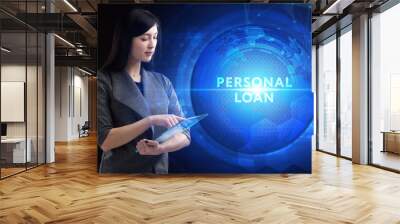 Business, Technology, Internet and network concept. Young businessman working on a virtual screen of the future and sees the inscription: Personal loan Wall mural