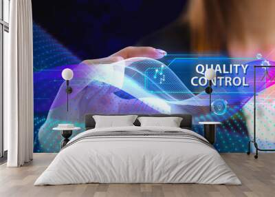 Business, Technology, Internet and network concept. Young businessman working on a virtual screen of the future and sees the inscription: Quality control Wall mural