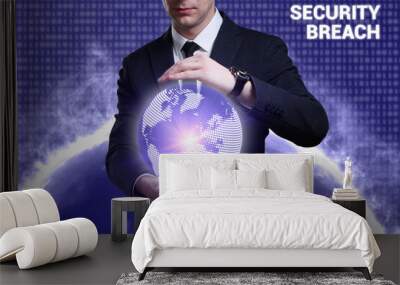 Business, Technology, Internet and network concept. Young businessman working on a virtual screen of the future and sees the inscription: Security breach Wall mural