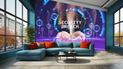 Business, Technology, Internet and network concept. Young businessman working on a virtual screen of the future and sees the inscription: Security breach Wall mural