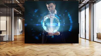 Business, Technology, Internet and network concept. Young businessman working on a virtual screen of the future and sees the inscription: Software testing Wall mural