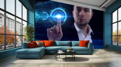 Business, Technology, Internet and network concept. Young businessman working on a virtual screen of the future and sees the inscription: Video marketing Wall mural