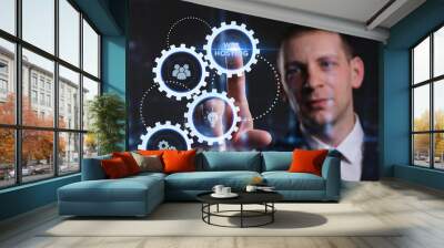 Business, Technology, Internet and network concept. Young businessman working on a virtual screen of the future and sees the inscription: Web hosting Wall mural