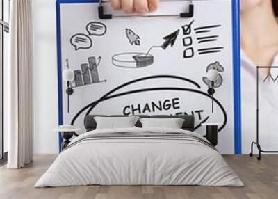 Business, technology, internet and networking concept. Young entrepreneur showing keyword: Change management Wall mural