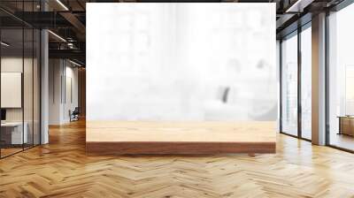 empty wooden light table on the background of abstract blur white interior, montage, product display, inside and window. Wall mural