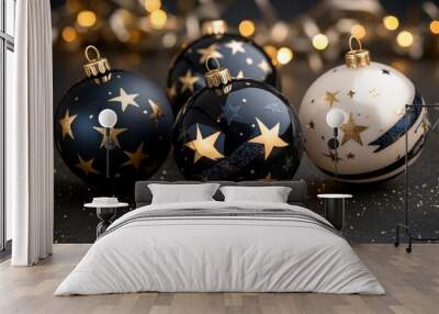 Four Christmas ornaments, two black, one white and one blue, with gold stars, sit on a black background with gold glitter. Wall mural