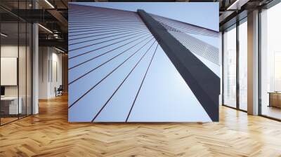 bottom view of a bridge pole with steel cables against a blue sky Wall mural