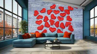 Many red hearts on denim wooden Background. Valentines and 8 March Mother Women's Day concept Wall mural