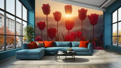 Red tulips bathed in the golden light of sunrise, a breathtaking display of nature's beauty. Wall mural